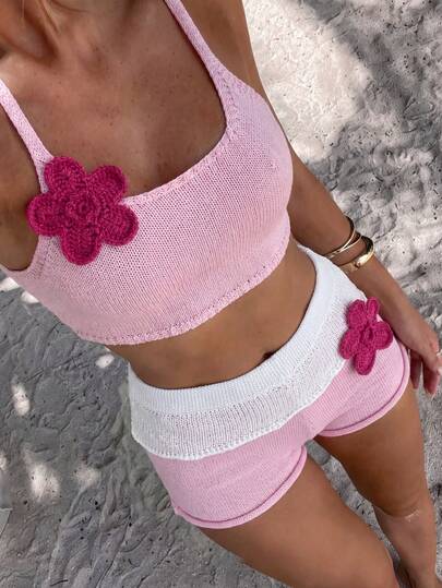 Swim Vcay 2 pièces/set Débardeur tricoté pour femmes avec décoration de fleurs au crochet et jupe à ourlet de couleur contrastée, jolie robe de plage pour fille