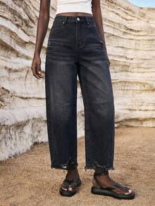 Maija Women's Pocket Distressed Straight Leg Casual Versatile Jeans - Black - View 3