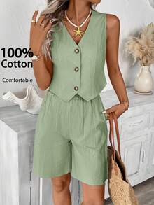SHEIN LUNE Conjunto de 2 piezas de talla grande para mujer, con chaleco sin mangas de cuello en V y pantalones cortos, de estilo casual y sencillo para el verano y las vacaciones - Verde - Ver 8