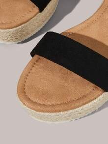 Styleloop Sandalias de cuña de plataforma casual de unicolor tejidas de moda para mujer, estilo bohemio de vacaciones, suela de lona vintage francesa, parte superior de franela, tacón de cuña, correa de tobillo, estilo occidental, ropa para festivales de música, zapatos de primavera y verano, primavera, Pascua - Negro 1 - Ver 5