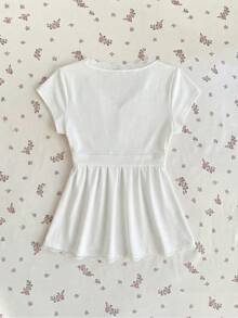 Sweetra Petite Áo thun nữ cổ chữ V buộc dây màu trắng kiểu Pháp lãng mạn phối ren, thích hợp mặc mùa xuân/hè. - trắng - Xem 3