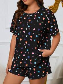 Set de ropa de hogar de talla grande, pijama de camiseta de manga corta y pantalones cortos con estampado - Negro - Ver 6