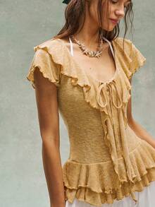 Bohemela 女士纯色荷叶边系带休闲T恤 - 鵝黃色 - 查看 4