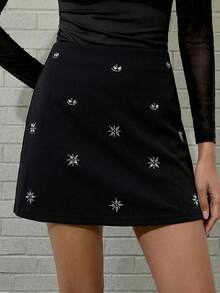 Maija Falda con patrón de rombos de strass negros, adecuada para fiestas urbanas y reuniones - Negro - Ver 1