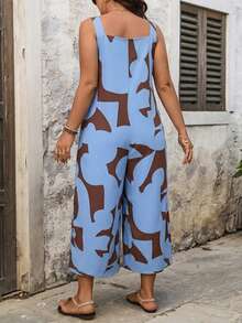 EMERY ROSE Plus Size Women Geometric Print Drawstring Pocket Decor Straight Leg Jumpsuit - Multicolor - View 2