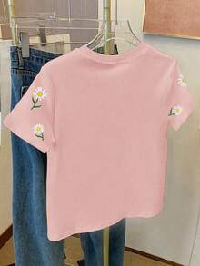SHEIN Pink Elegant Beaded Daisy Floral Pattern Tween Girls Casual Minimalist Fitted Short Sleeve Round Neck T-Shirt, Suitable For Spring/Summer Daily Wear, Street Style, Outings, Vacation, Homecoming, Back To School - Multicolor - View 6
