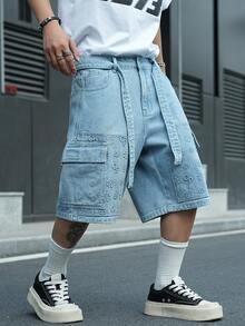 Manfinity EMRG Quần short denim nam màu xanh dương, kiểu dáng thường ngày, họa tiết dập nổi. - Rửa nhẹ - Xem 8