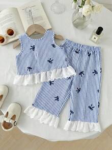 LMoss Kids 2件套女婴条纹蝴蝶结撞色蕾丝露背蝴蝶结上衣和裤子套装，适合春夏季节穿着 - 彩色 - 查看 8