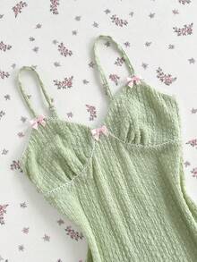 Elamini 薄荷绿针织荷叶边拼接连衣裙，饰以白色蕾丝和粉色蝴蝶结，V领无袖A字裙摆，迷你裙长，甜美浪漫，适合夏季、休闲和约会穿着。 - 綠色 - 查看 7