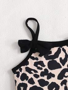 SHEIN Young Girl Leopard Print Bowknot Decor One-Piece Swimsuit, Summer Vacation Beach - Multicolor - View 4