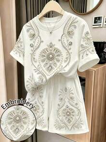 Franclia Women's Summer Casual Beaded & Rhinestone Embroidered T-Shirt And Shorts 2 Pieces Set - Multicolor - View 1
