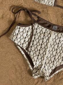 SHEIN Swim Vcay 白色蕾丝面料，侧系带设计，优雅性感女士泳衣套装 - 彩色 - 查看 5