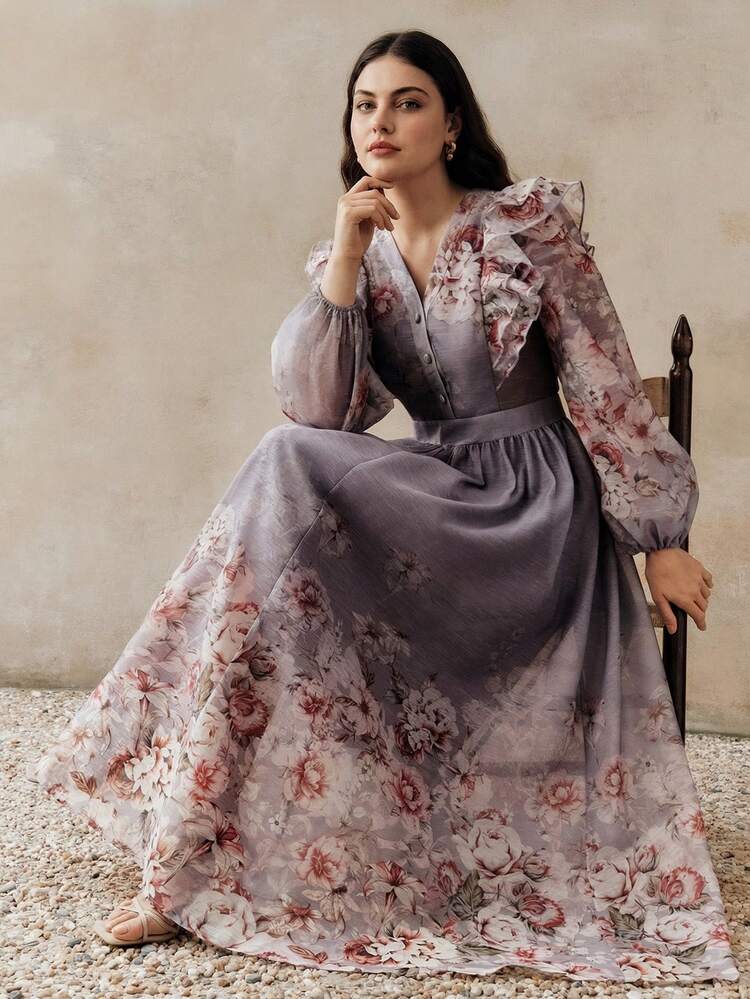 Spring/Summer New Arrival Women's Romantic Elegant Ruffle Waist Floral Print Dress, Suitable For Vacation, Party, Valentine's Day, Beach And Other Occasions