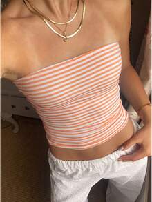SHEIN PETITE 女款休閒條紋填充式抹胸上衣，夏季，小碼女款 - 紅白色 - 查看 5