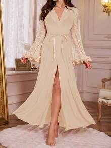 Crystal Vow Bata suelta con aplicación de malla de contraste elegante y cómoda para mujer - Albaricoque - Ver 6