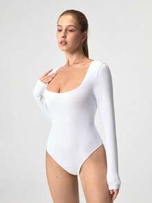 Loungeista Sexy Long Sleeve Square Neck Jumpsuit Dress, Basic Tight-Fitting Piece, Excellent Shaping Effect, Suitable For Workout, Casual Wear And Daily Activitiesfor Summer - White - View 6