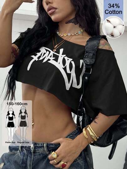 SHEIN Coolane Petite Women's Petite Summer Streetwear Preppy Vintage Casual Knit Cotton Graphics Comfortable Black Loose Asymmetric Off-Shoulder Neckline T-Shirt Petite-Friendly Cropped Top With Lengthening Effect