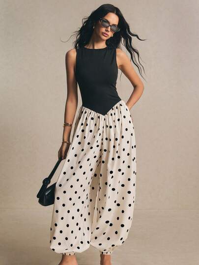 Poéselle 女士波点拼接褶裥休闲连体裤，适合日常穿着