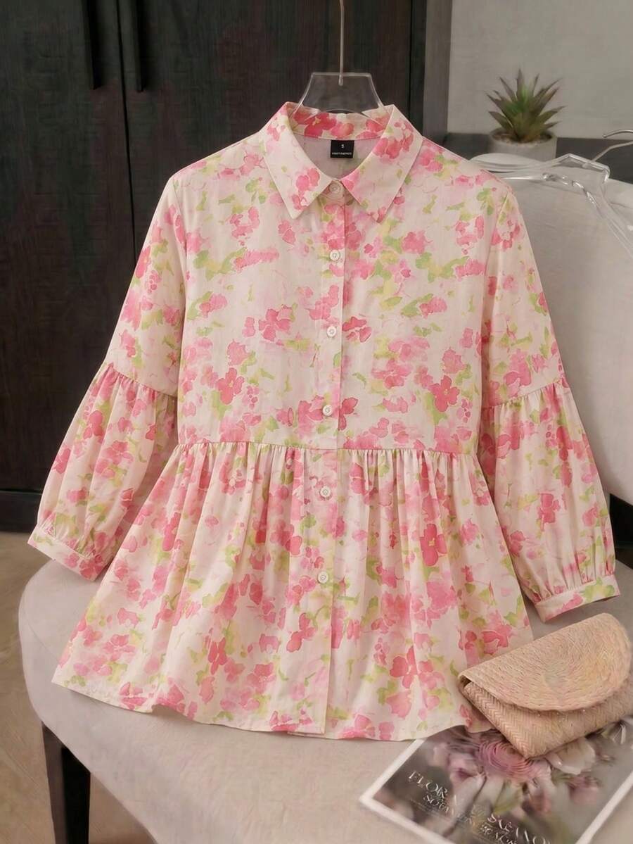 SHEIN Essnce 女士甜美植物印花喇叭衬衫，尖领纽扣前襟层叠袖上衣，收腹基础款春夏日常办公服 - 粉色 - 查看 1