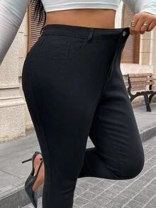 Quần Jeans Denim Thường Ngày Túi Nút Phía Trước Trơn Cỡ Lớn - màu đen - Xem 4