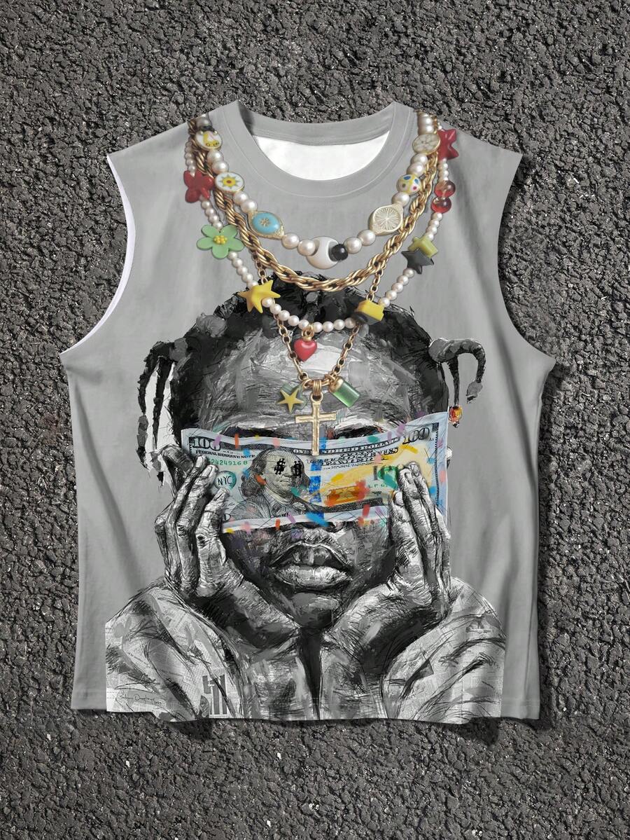Manfinity EMRG Men's Necklace With Face Covering Portrait And Slogan Graphic, Street Hip Hop Style Sleeveless Tank Top - Multicolor - View 1