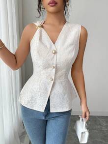 Elenzga Elegant Cream White Summer Lace V-Neck Sleeveless Waist Cinched Mermaid Hem Dress,Metal Pearl Decor,Tea Party,Wedding,Formal Dinner,Commute,Vacation - White - View 4