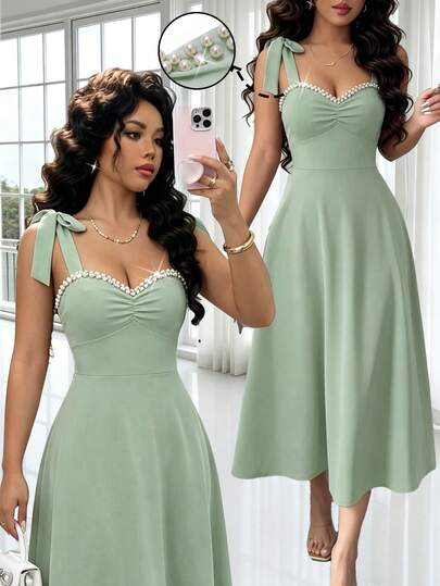 Rafferiza Vestido de tirantes con nudo en el hombro, decoración de perlas falsas y cintura ceñida, estilo vintage elegante, adecuado para verano, San Valentín, citas, vestido formal de alta calidad para mujer, vestidos elegantes clásicos