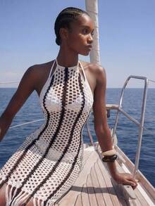 Maija 女士度假沙滩撞色条纹镂空流苏露背吊带罩衫 - 杏色 - 查看 3