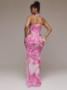 MUSERA Đầm maxi lưới ôm sát in hoa, kiểu dáng chéo, cổ yếm, chất liệu lưới, thích hợp cho mùa xuân hè, lễ hội Ibiza, kỳ nghỉ, du lịch, dễ thương, gợi cảm, phong cách Y2K, đi chơi đêm, câu lạc bộ, nhiệt đới quyến rũ. - màu xanh lá - Xem 2