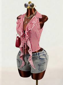 Mistrie 女士格子垂褶系带性感衬衫 - 彩色 - 查看 4