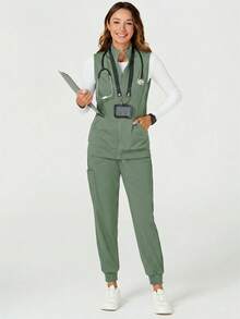 TaskEZ Chaqueta de uniforme de scrubs sin mangas con cierre de cremallera de unicolor - Verde - Ver 5