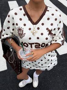 Muchica 女士V领短袖休闲波点T恤 - 杏色 - 查看 5