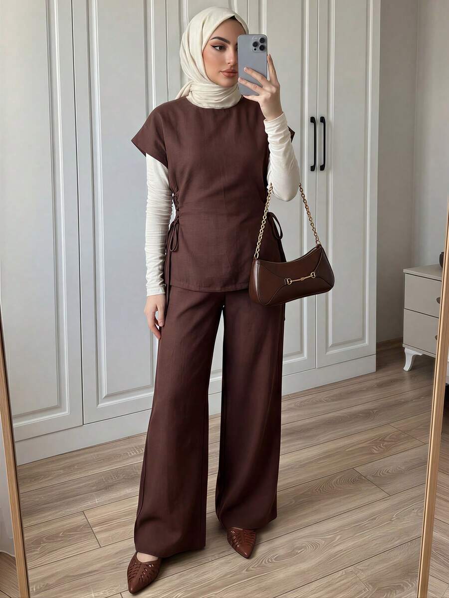 Elenzga Fashionable Elegant Round Neck Cinched Waist Linen-Like 2 Pieces Set For Women, Spring/Summer - Brown - View 1