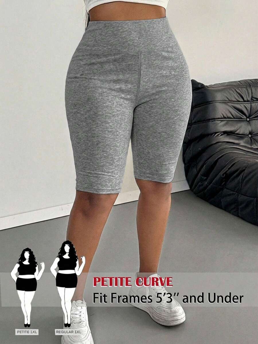 SHEIN PETITE CURVE Plus Size Women Casual Solid Color Leggings, Suitable For Summer
