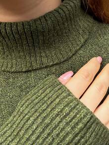 SILVIA DI SANTO Women's Solid Color Green High Neck Drop Shoulder Long Sleeve Casual Sweater, Autumn - Green - View 6