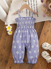 SHEIN Vintaside Kids 女嬰夏季連身褲，可愛雛菊與藍白格紋設計，休閒舒適戶外穿搭 - 藍色 - 查看 2