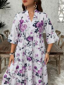 SHEIN LUNE 大码女式碎花V领七分袖宽松休闲连衣裙 - 彩色 - 查看 6