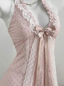 Elamini Váy xòe chữ A, cổ chữ V, phối ren chấm bi, thắt nơ ngọt ngào, cổ buộc nơ, eo thon. - Hồng - Xem 5