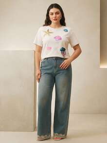 Anewsta Plus Size Women Summer Vacation White Ocean Sequin Embroidery T-Shirt - White - View 2