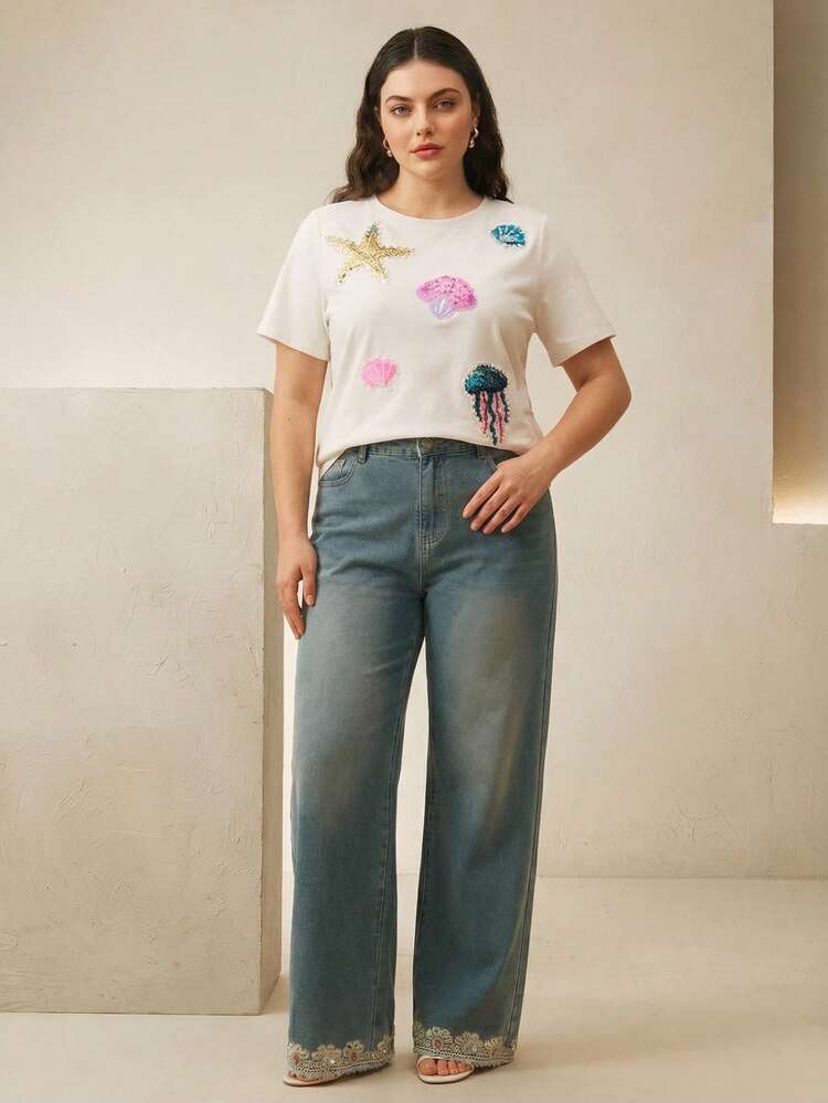 Plus Size Women Summer Vacation White Ocean Sequin Embroidery T-Shirt