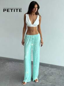 SHEIN Aloruh Petite PETITE 女款夏季新款薄荷蓝优雅休闲海滩度假波西米亚热带风情亮片拼接抽绳腰带亮片裤 - 薄荷藍 - 查看 4