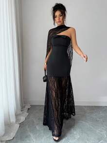Elenzga Elegant Women's Black Lace Overlay Strapless A-Line Midi Dress,Autumn Urban Chic New Arrival For Dinner,Weddings,Galas,Commute,Parties & Holidays - Black - View 7