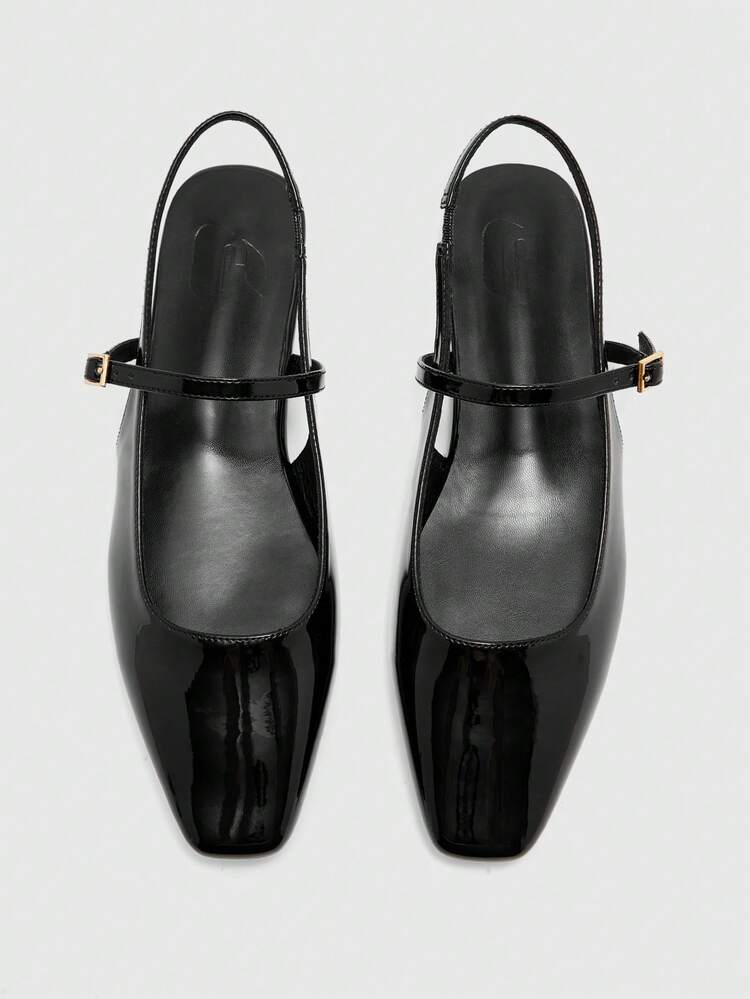 CUCCOO BIZCHIC Women Shoes Small Square Toe Flat Bottom Black Mirror Women's Low Vamp Flat Bottom Slingback Shoes Light, Comfortable And Simple Commuting Daily Versatile Women's Flat Sole Shoes
