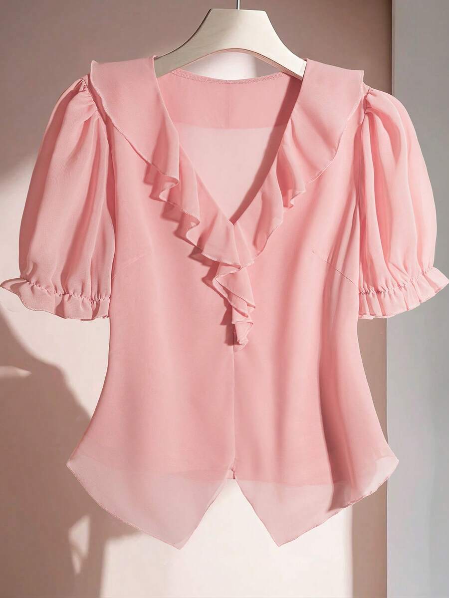 SHEIN Clasi Plus Size Solid Color Ruffle V-Neck Short Sleeve Shirt, Suitable For Summer Pink - Pink - View 1