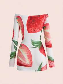 ROMWE Avant Island Resort Sweet & Spicy Sheer Strawberry Print Off-Shoulder Cover-Up Top For Women - Multicolor - View 3