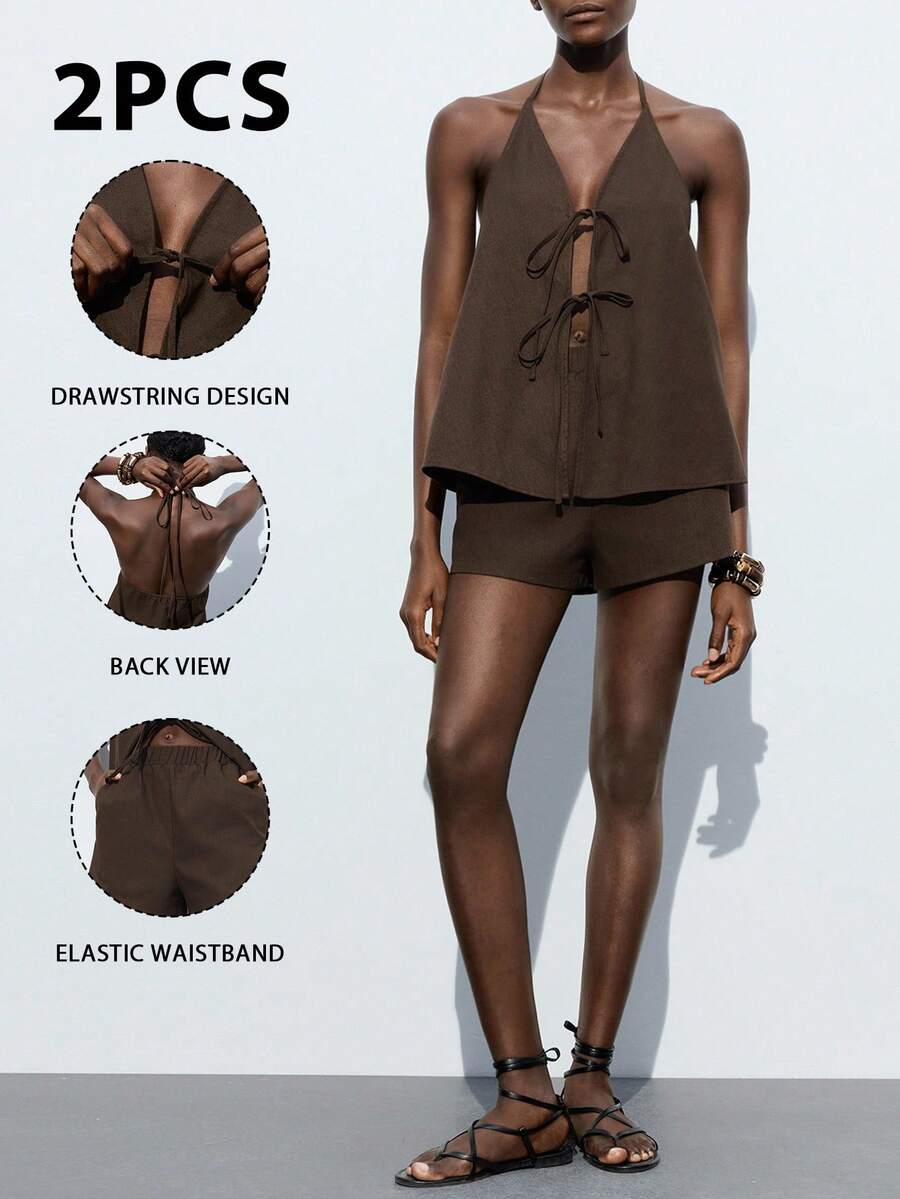 Maija Damen Sommer Zweiteiler aus einfarbigem Neckholder-Top mit Vorderknoten und Shorts, sexy - Kaffeebraun - Übersicht 1