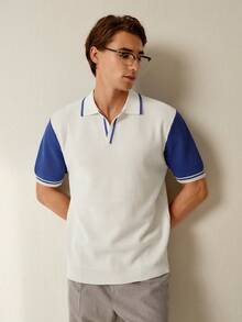 Manfinity CityGents 男士休闲运动通勤撞色 Polo 领短袖针织衫，夏季 - 白色 - 查看 6