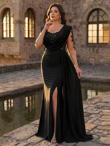Aureia Plus Size Elegant Black Formal Evening Dress For Spring Luxurious Sequin Applique Satin Plunging Draped Neck 3/4 Sleeve Ruched Mermaid Hem Gown - Black - View 3