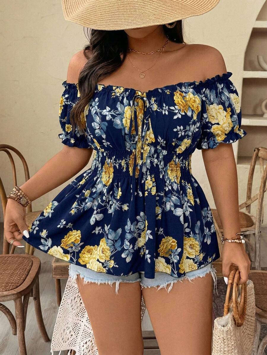 Weeklong Spring/Summer New Plus Size Women's Off Shoulder Cinched Waist Chest Tie Dye Print Elegant Fashion Blouse, Suitable For Dates, Travel, Etc. - Blue and White - View 1