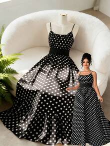 Elenzga Vestido largo de lunares de mujer de talla grande sin mangas, elegante estilo de fiesta, fondo negro - Blanco y Negro - Ver 1